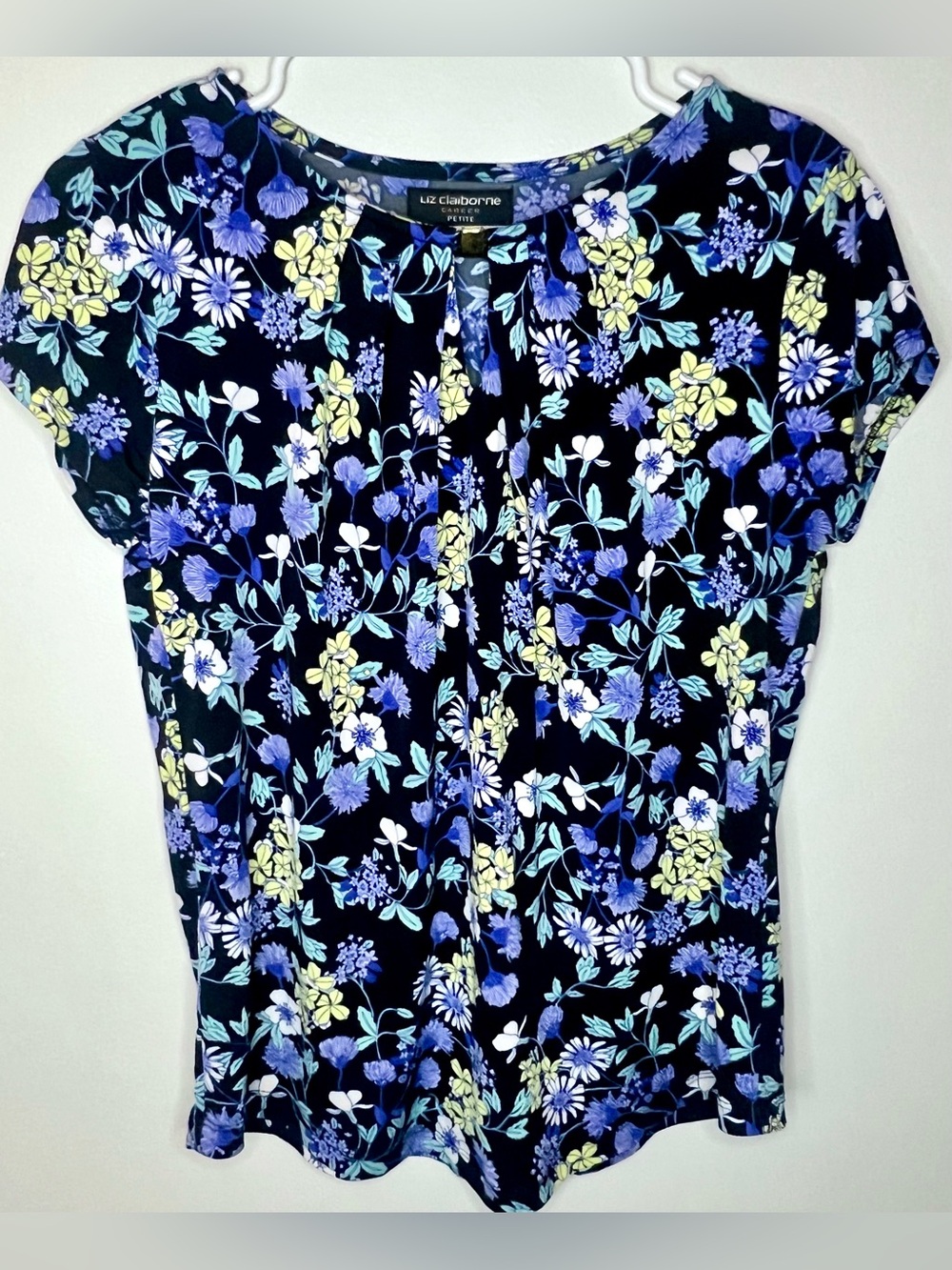 Liz Claiborne Petite Blue Floral Blouse PS Career Office Top